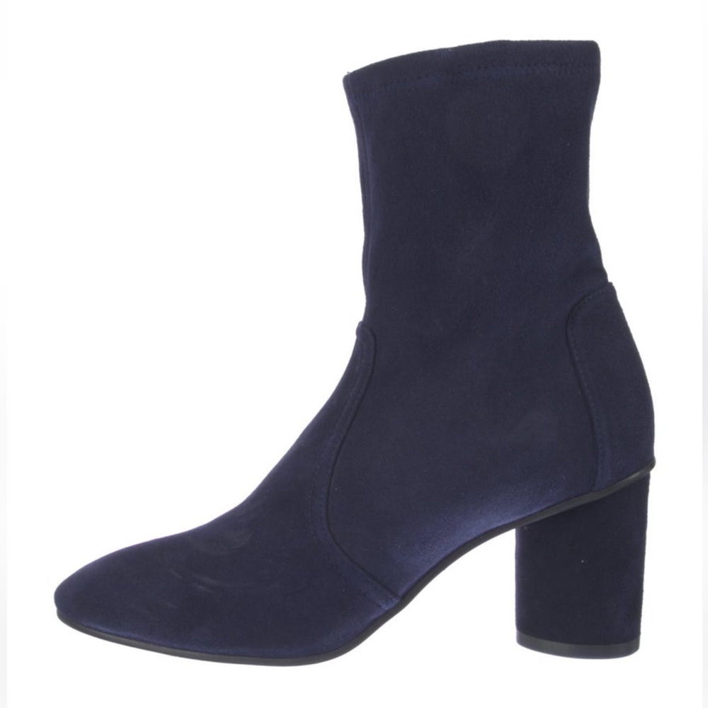 Stuart Weitzman Navy Blue Suede Stretch Top Block Heel Ankle Boots size 7 M